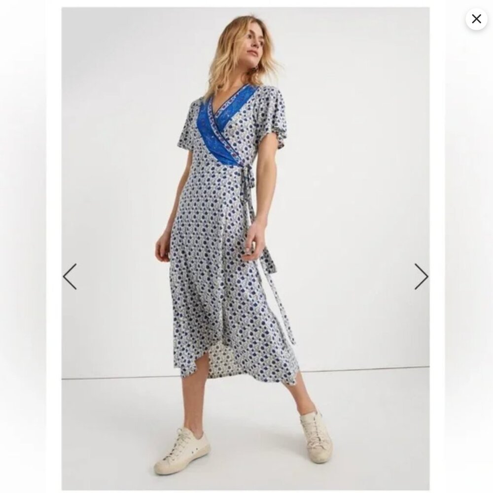 Lucky Brand Border Print Blue White and Red Midi Wrap Dress Small - Picture 2 of 9